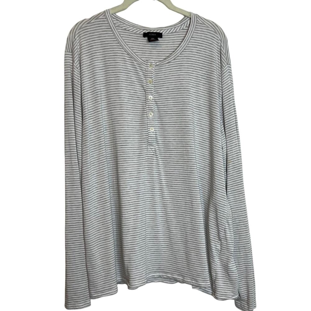 J Crew Womens Henley Top XXL Gray White Stripe Long Sleeve Lyocell Blend